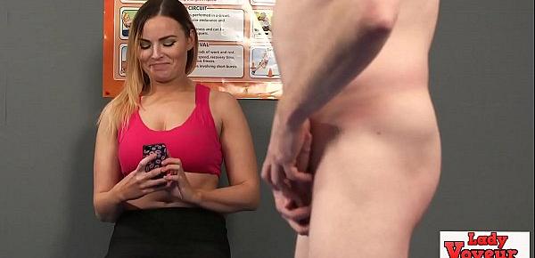  Gym bunny babe watches sub jerk off